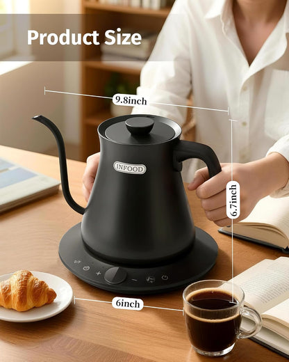 INFOOD 0.8L Gooseneck Electric Kettle, Precise Temperature Control for Pour Over Coffee & Tea, 1200W Fast Boiling Water, Auto Shut Off, Scheduling, Stainless Steel, Floral Painted Design