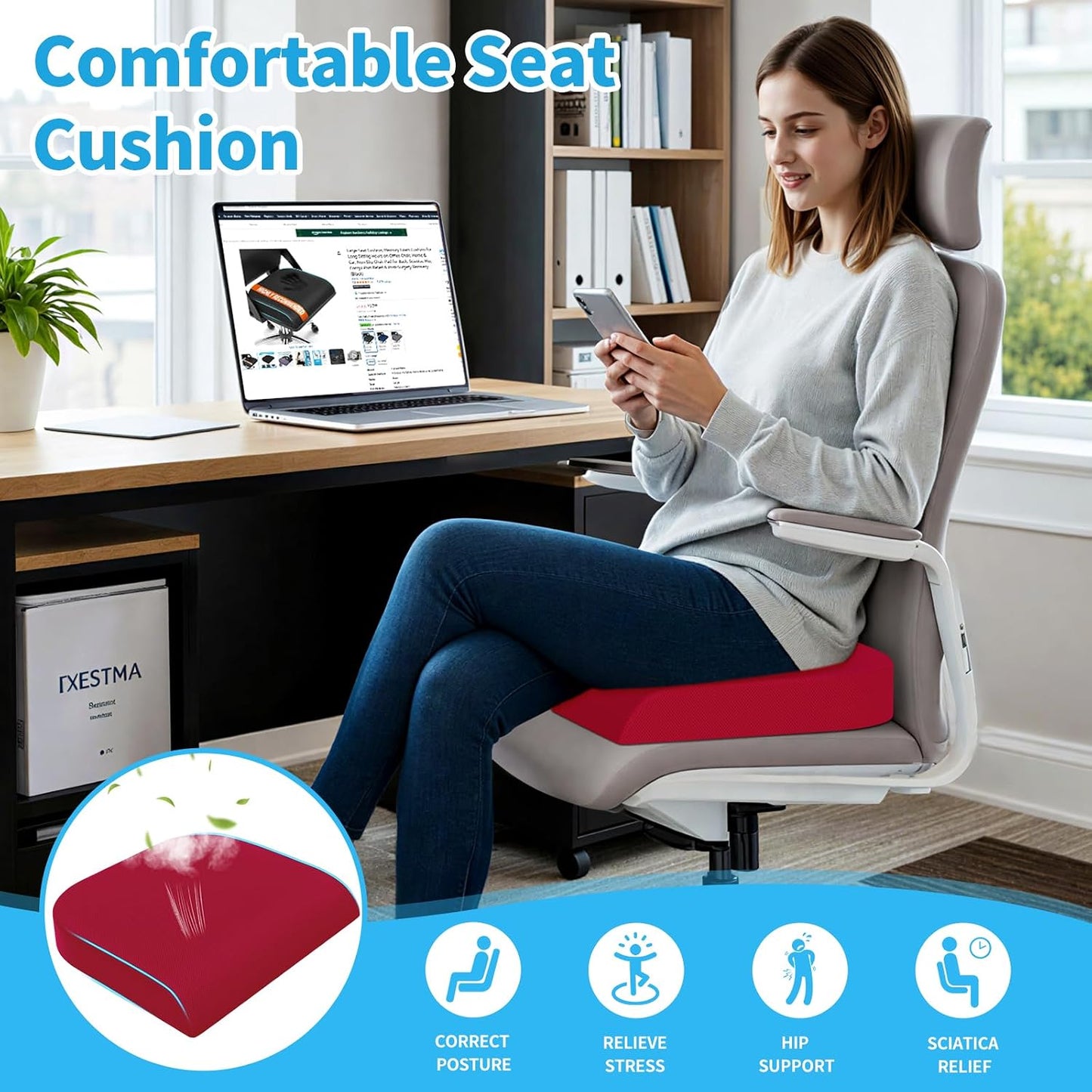 TranquilRelax Large Seat Cushion, Memory Foam Cushion for Long Sitting Hours on Office Chair, Car Seat, Non-Slip Chair Pad for Sciatica, Coccyx, Tailbone Pain Relief & Post-Surgery Recovery (Black)