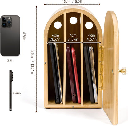 Bamboo Cell Phone Box for Family Time, Cell Phone Jail,Hold 6 Phones