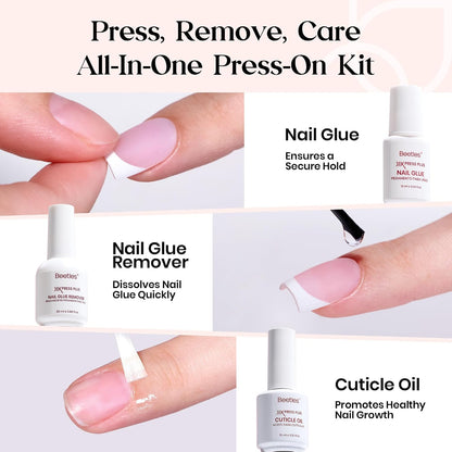 Beetles Press On Nail Kit-Short Square French Tip Press On Nails, 150Pcs Pink French Nail Tips with Nail Glue & Remover Builder Top Coat Nail Lamp, All-in-One DIY Fake Nails Gift for Women