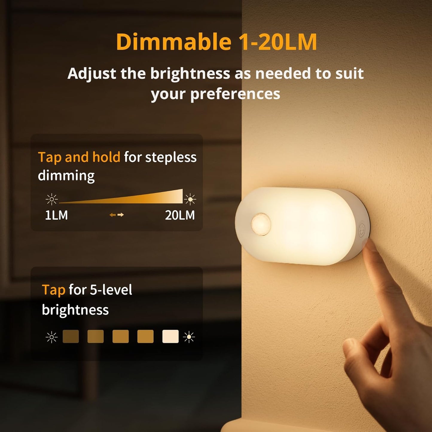 Lyridz Rechargeable Night Light with Motion Sensor, Dimmable Amber Nightlights for Bathroom, Bedroom, Kids Room, Hallway, Stairs, Pet House, 2 Pack