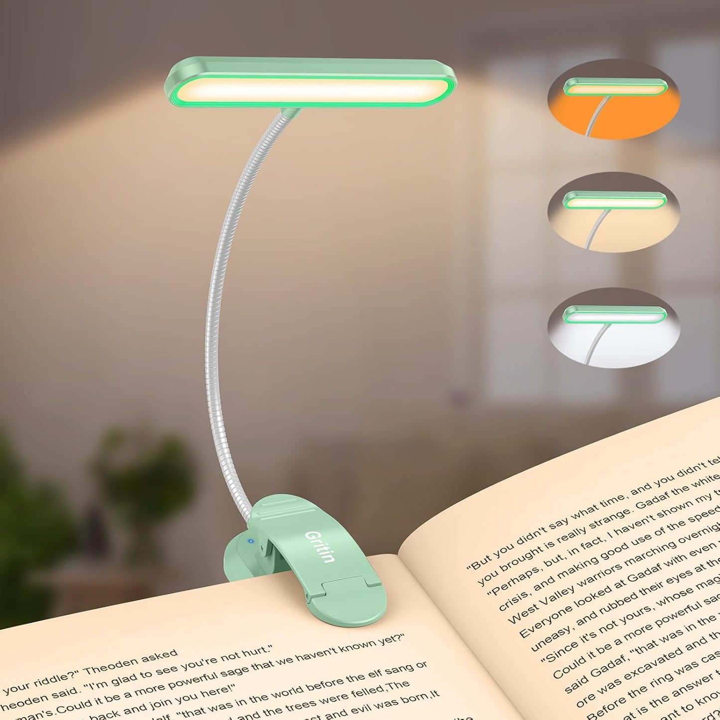 Gritin Rechargeable Book Light for Reading in Bed with 19 LED | Eye Caring 3 Color Temps,5 Brightness Levels,Memory Function,90 Hrs Runtime Flexible Goose Neck Clip on Light for Book Lovers