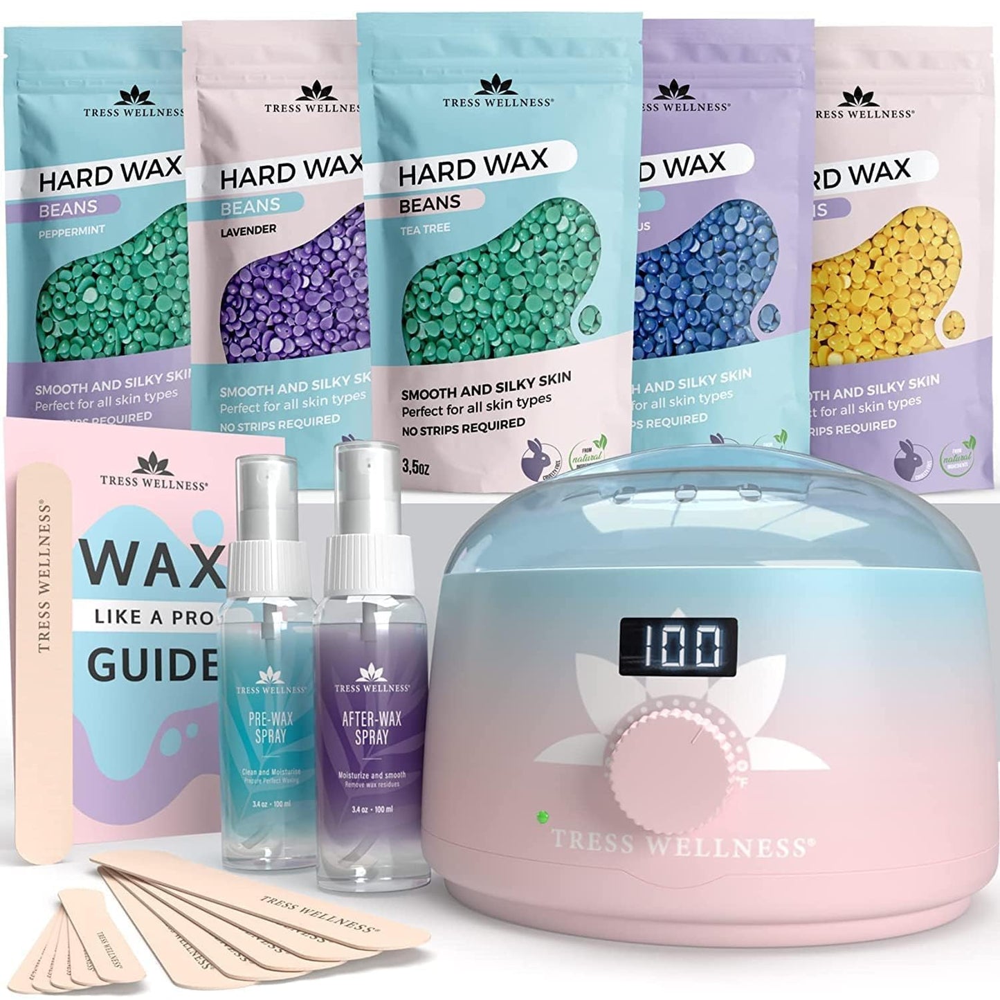 Tress Wellness Award Winning Waxing Kit for Sensitive Skin, Safe for Face & Skin, Easy to Use, At-Home Kit for Face, Bikini, Brazilian & Full Body - Digital Display, Black Purple Flower