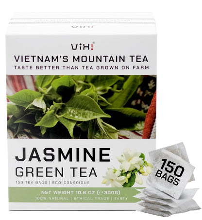 VIXI Jasmine Green Tea Bags, 150 Counts, Vietnam's Mountain Tea, Flavored, Aroma, Tagless, Sugar Free, 100% Natural from Ancient Tea Tree for Hot and Cold Brew