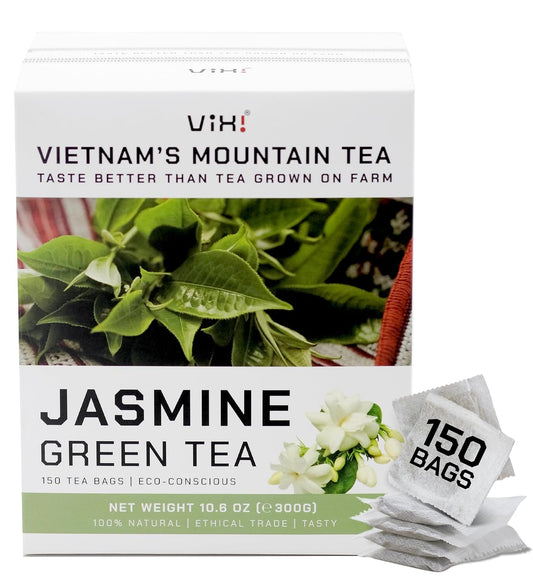 VIXI Jasmine Green Tea Bags, 150 Counts, Vietnam's Mountain Tea, Flavored, Aroma, Tagless, Sugar Free, 100% Natural from Ancient Tea Tree for Hot and Cold Brew
