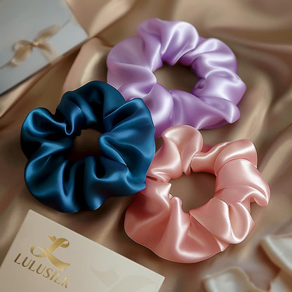 LULUSILK Silk Scrunchies for Hair Sleep, 100% Real Mulberry Silk, No Damage Hair Ties for Women and Girls, Classic Black, Pack of 3