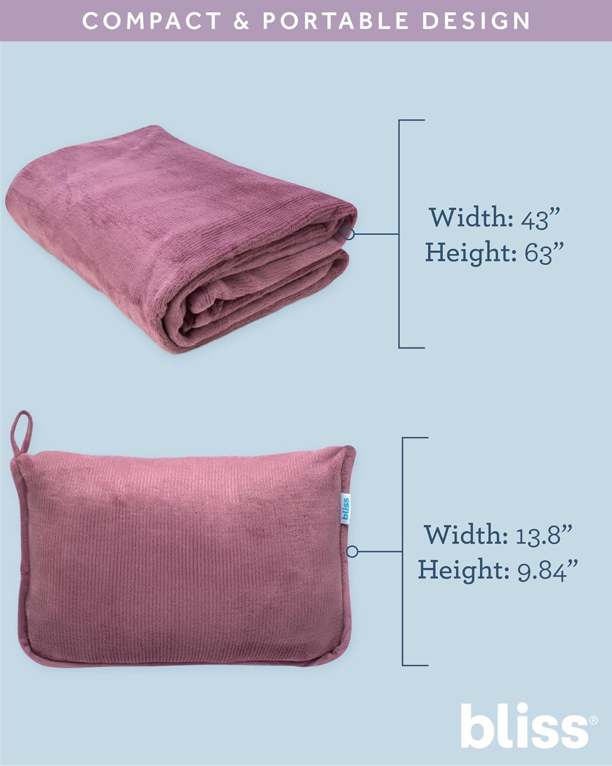 Bliss Faille Travel Pillow Blanket - 2-in-1 Lightweight Compact Airplane Camp Pillow and Blanket Set for Travelling, Size One Size, Mauve