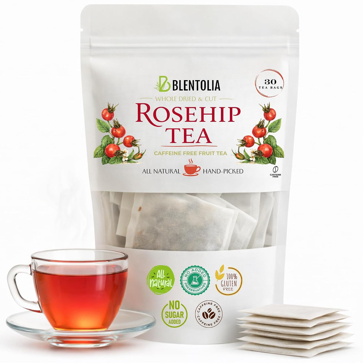 Blentolia Rosehip Tea – Whole Dried Rosehip in Tea Bags – Rich in Vitamin C & Antioxidants – Immune Support Herbal Tea – 30 Tea Bags