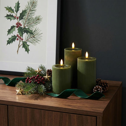Ribbed Fluted Real Wax Flameless LED Pillar Candles, Loden Sage Olive Green, Melted-Wax Top Look, Flickering Flame, Battery Operated, Remote & Timer, Shelf & Wedding Decor (Set of 3)