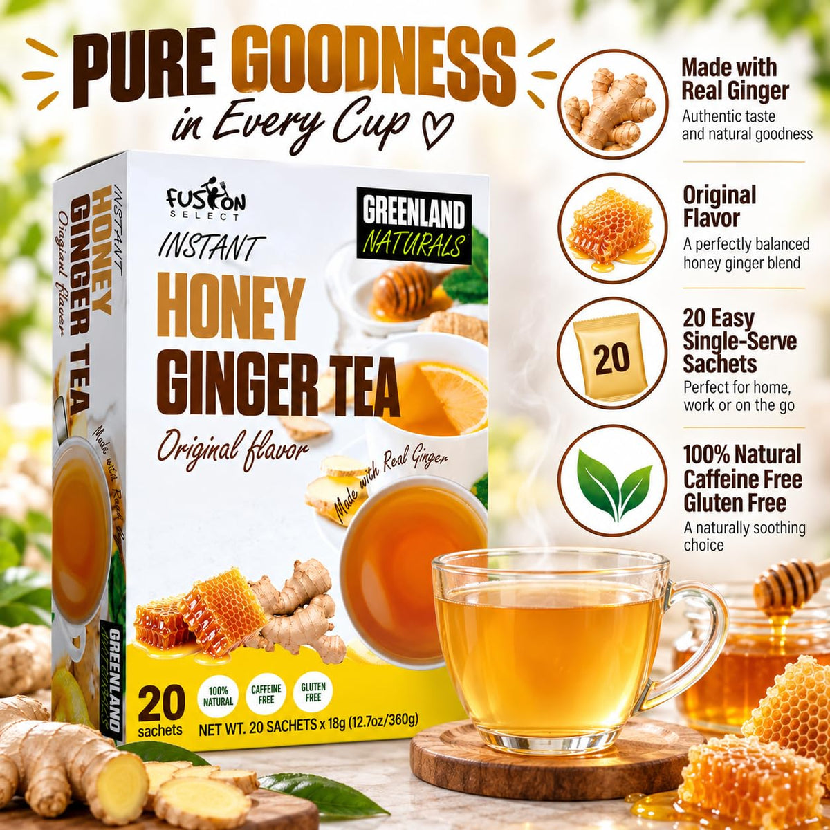 Fusion Select 20 Sachets Original Ginger Honey Crystals Packets - Crystallized Ginger Tea with Honey - Easy-to-Prepare Instant Drink Mix - Natural Ingredients with No Caffeine