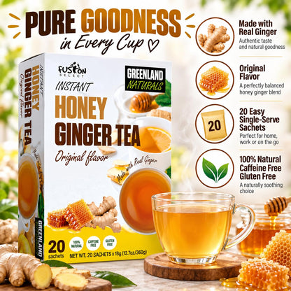 Fusion Select 20 Sachets Original Ginger Honey Crystals Packets - Crystallized Ginger Tea with Honey - Easy-to-Prepare Instant Drink Mix - Natural Ingredients with No Caffeine