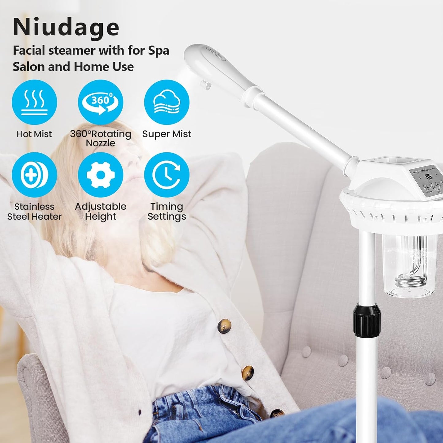 Professional Facial Steamer, Face Steam on Wheels, Estheticians Steamer with More Steam for Moisturizing and Hydration, Adjustable Height and Angle for Spa Beauty, Home Use, Pink