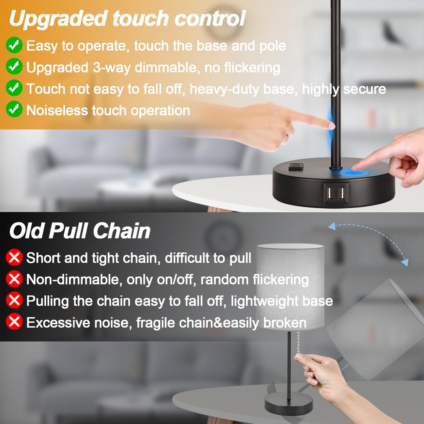 Set of 2 Touch Control Table Lamps with 2 USB & AC Outlet, 3-Way Dimmable Bedside Nightstand Lamps for Bedroom Living Room Nursery, 800 Lumens 5000K Daylight Bulbs Included
