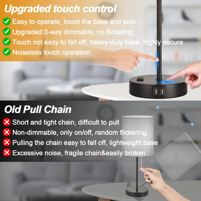 Set of 2 Touch Control Table Lamps with 2 USB & AC Outlet, 3-Way Dimmable Bedside Nightstand Lamps for Bedroom Living Room Nursery, 800 Lumens 5000K Daylight Bulbs Included