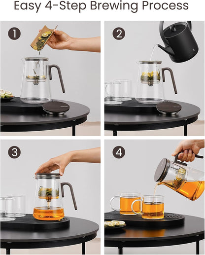 ZENS Magnetic Tea Pot, Enchanted Glass Teapot with Infuser and Magnetic Suction Lid for Mess-Free Loose Tea Diffusers, Walnut Wood Handle, Tea Lovers Gifts