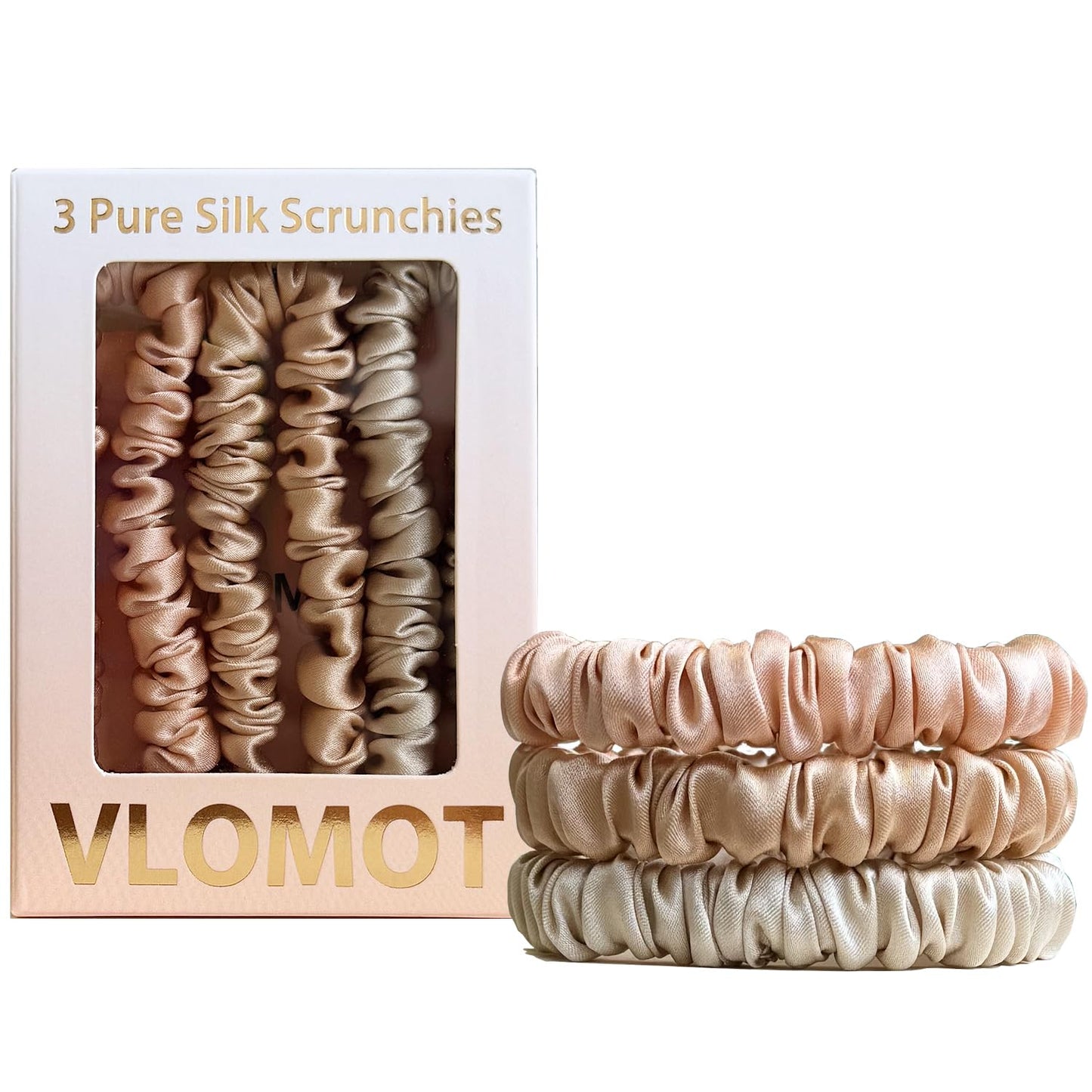 VLOMOT 3 Pcs Set 100% Pure Mulberry Silk Hair Scrunchies Hair Ties with 3 Chic Colors Everyday Skinny Scrunchies Silk Ponytail Holders Hair Care No Damage (Blue)
