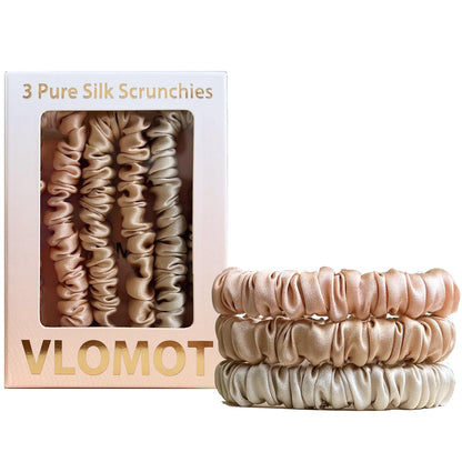 VLOMOT 3 Pcs Set 100% Pure Mulberry Silk Hair Scrunchies Hair Ties with 3 Chic Colors Everyday Skinny Scrunchies Silk Ponytail Holders Hair Care No Damage (Blue)