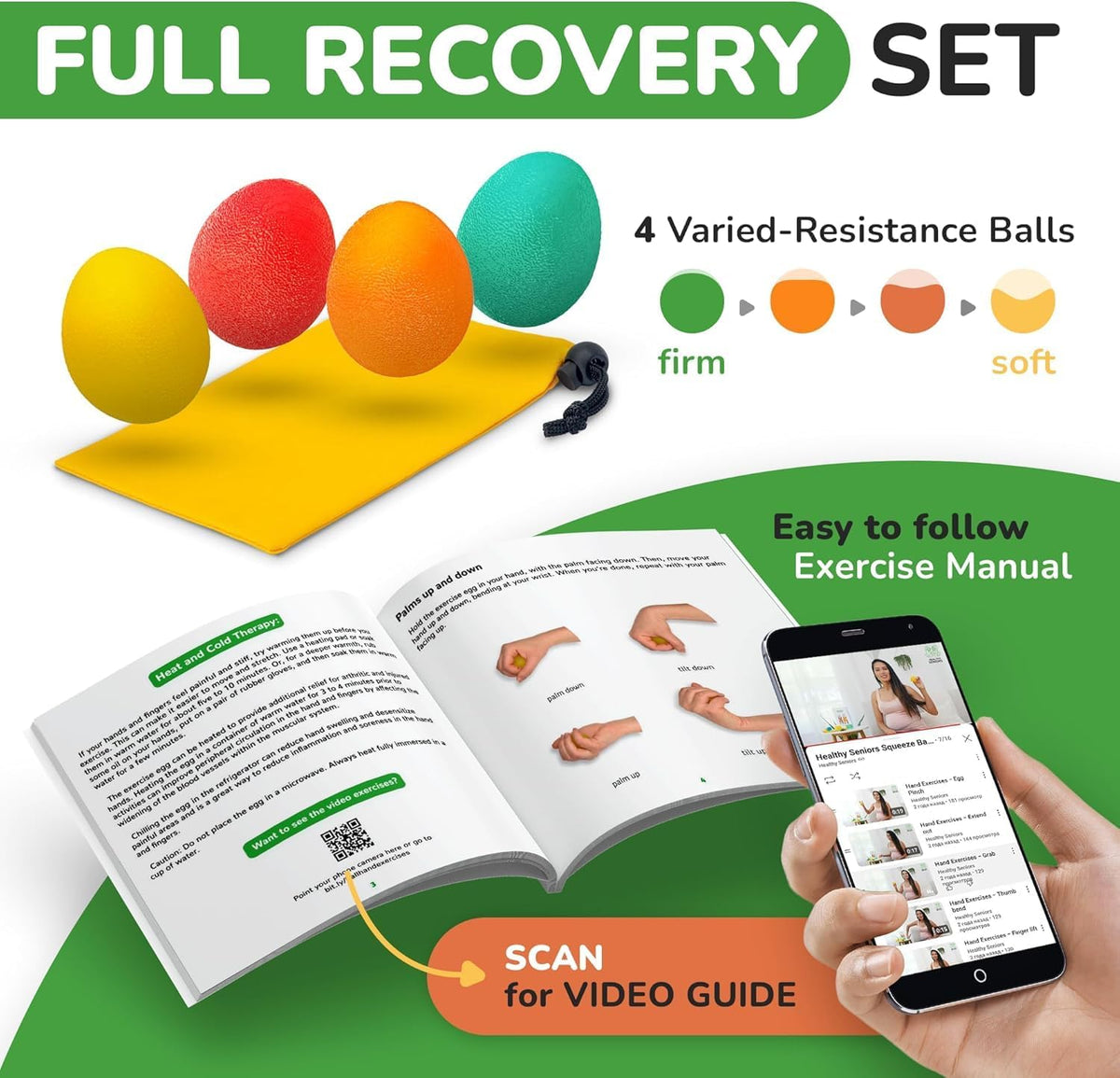 Healthy Seniors Hand Therapy Squeeze Balls – Set of 4 Egg-Shaped Silicone Exercise Balls | 4 Resistance Levels for Arthritis, Carpal Tunnel & Grip Rehab | Includes 16-Exercise Booklet + Video Guide