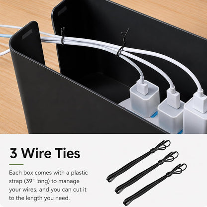 [Set of 3] 3 Cable Management Boxes + 3 Wire Ties, Large Cord Box Organizers to Hold and Hide Power Strip Charger Adapter Power Cord Charging Station USB HUB (Black)