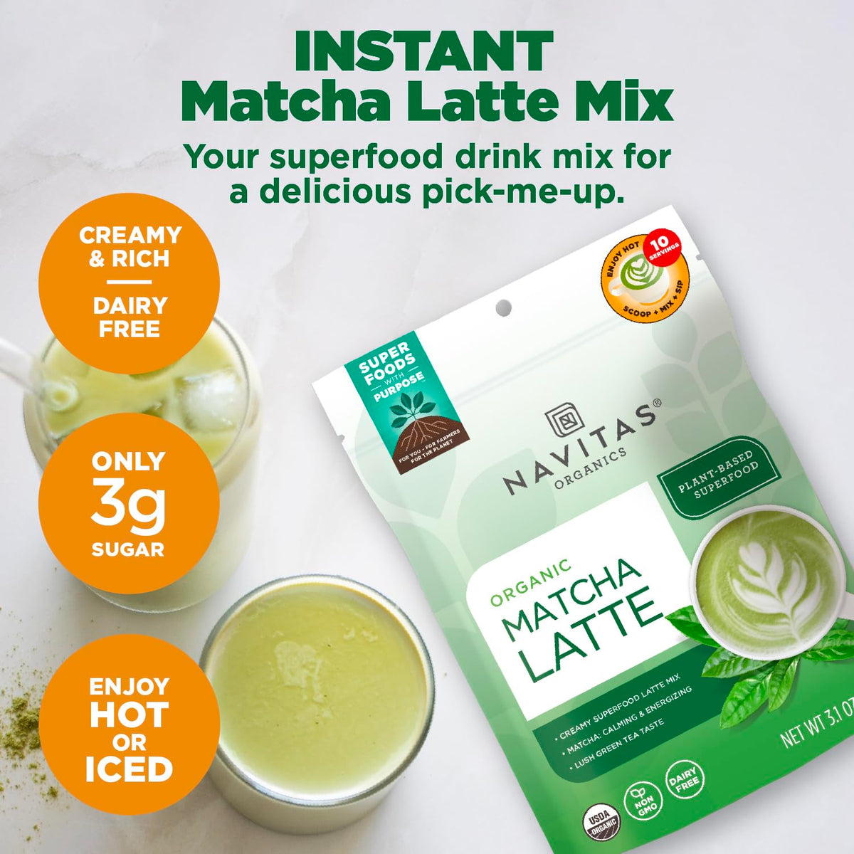 Navitas Organics Instant Matcha Latte Mix – Simple & Convenient Blend For Sweet & Creamy Latte – Mix With Water – Dairy Free & Low Sugar – USDA Organic, Non GMO, Gluten Free (11.1oz. Bag, 35 Servings)