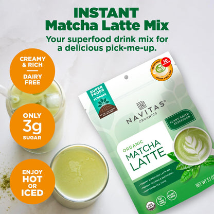 Navitas Organics Instant Matcha Latte Mix – Simple & Convenient Blend For Sweet & Creamy Latte – Mix With Water – Dairy Free & Low Sugar – USDA Organic, Non GMO, Gluten Free (11.1oz. Bag, 35 Servings)