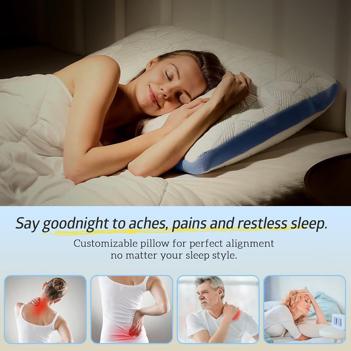 BETU Cooling Pillow Queen Size, Shredded Memory Foam Cool Pillow for Hot Sleepers, Adjustable Firm Soft Support Bed Pillows Perfect for Back Neck Pain and Side Sleeping with Pillow Case Cover, White