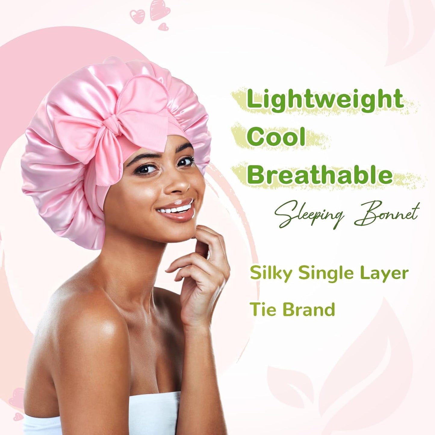 BONNET QUEEN Silk Bonnet for Sleeping for Women Satin Bonnet Night Cap for Curly Hair with Tie Band, Single Layer, Cream Pink