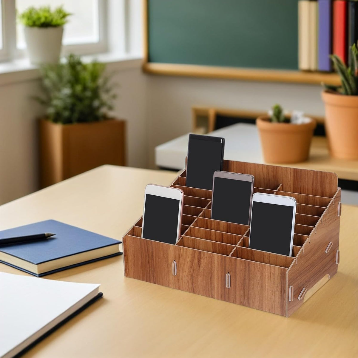 24 Slot Wooden Cell Phone Organizer Box for Classroom Meetings