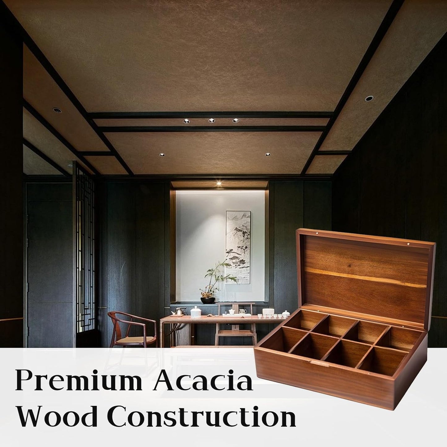 Acacia Wooden Tea Bag Organizer with Magnetic Lid, 8 Compartments Wooden Tea Box Organizer,Tea Bags Storage Organizer for Tea Bags & Beverage Supplies.