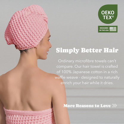 Luxury Organic Japanese Cotton Hair Drying Waffle Towel Wrap for Women | Absorbent, Quick-Dry Head Turban for Shower, Sauna, Spa | Extra Large for Long, Curly, Straight Hair With Button (White, 1 Pc)