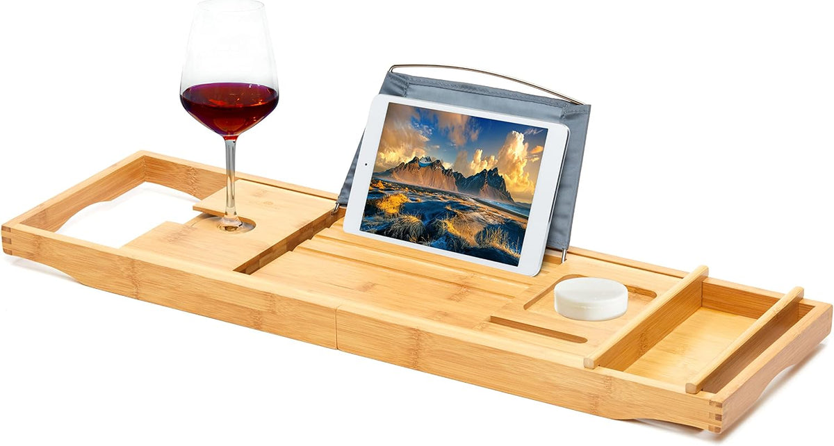 Bamboo Bathtub Caddy Tray, Expandable Bath Table Over Tub with Glass Book