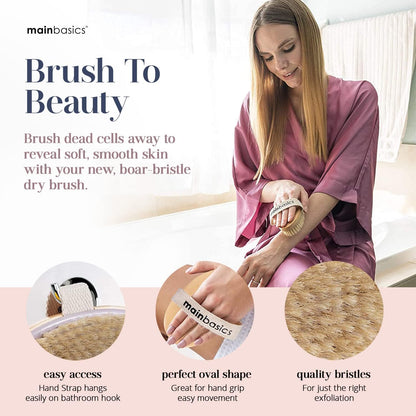 MainBasics Dry Brushing Body Brush for Lymphatic Drainage, Dry Skin, Cellulite, Blood Circulation with Exfoliating Natural Bristles and Massage Nodes for Flawless Skin
