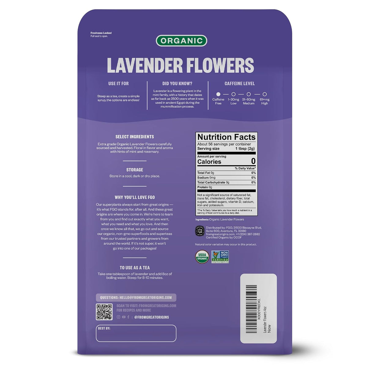 FGO Organic Dried Lavender Flowers, Extra Grade Dried Buds, Imported from France for Culinary or Sachet Bags, 4oz, Packaging May Vary (Pack of 1)