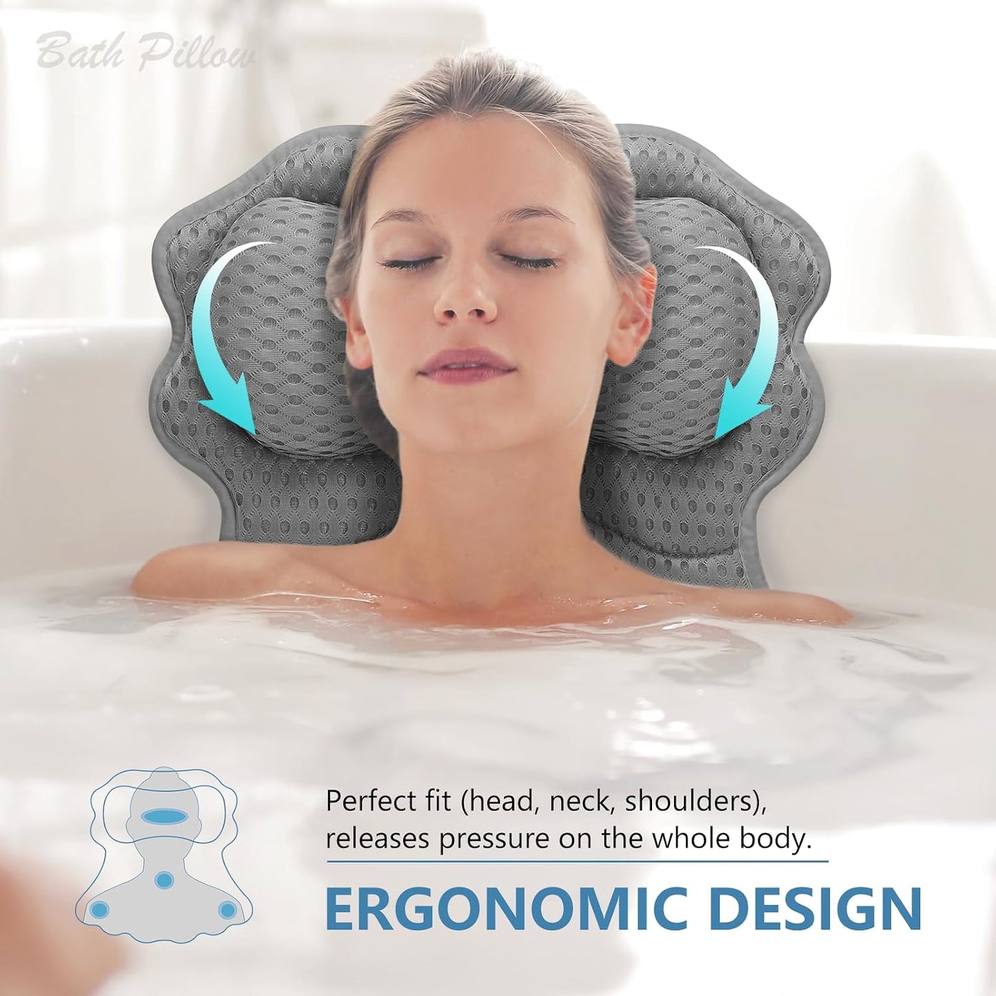 SetSail Bath Pillow, Relaxing Bath Pillows for Tub Neck and Back Support Soft 4D Breathable Air Mesh Ergonomic Bathtub Pillow with 6 Strong Suction Cups and Hook Luxury Bathroom Accessories,White
