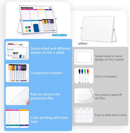 ARCOBIS Dry Erase White Board with Stand, 12" x 16" Weekly Double-Sided Desktop Whiteboard 10 Markers, 4 Magnets, 1 Eraser, Portable Magnetic Dry Erase Calendar for Planning, to Do List, Memo, School