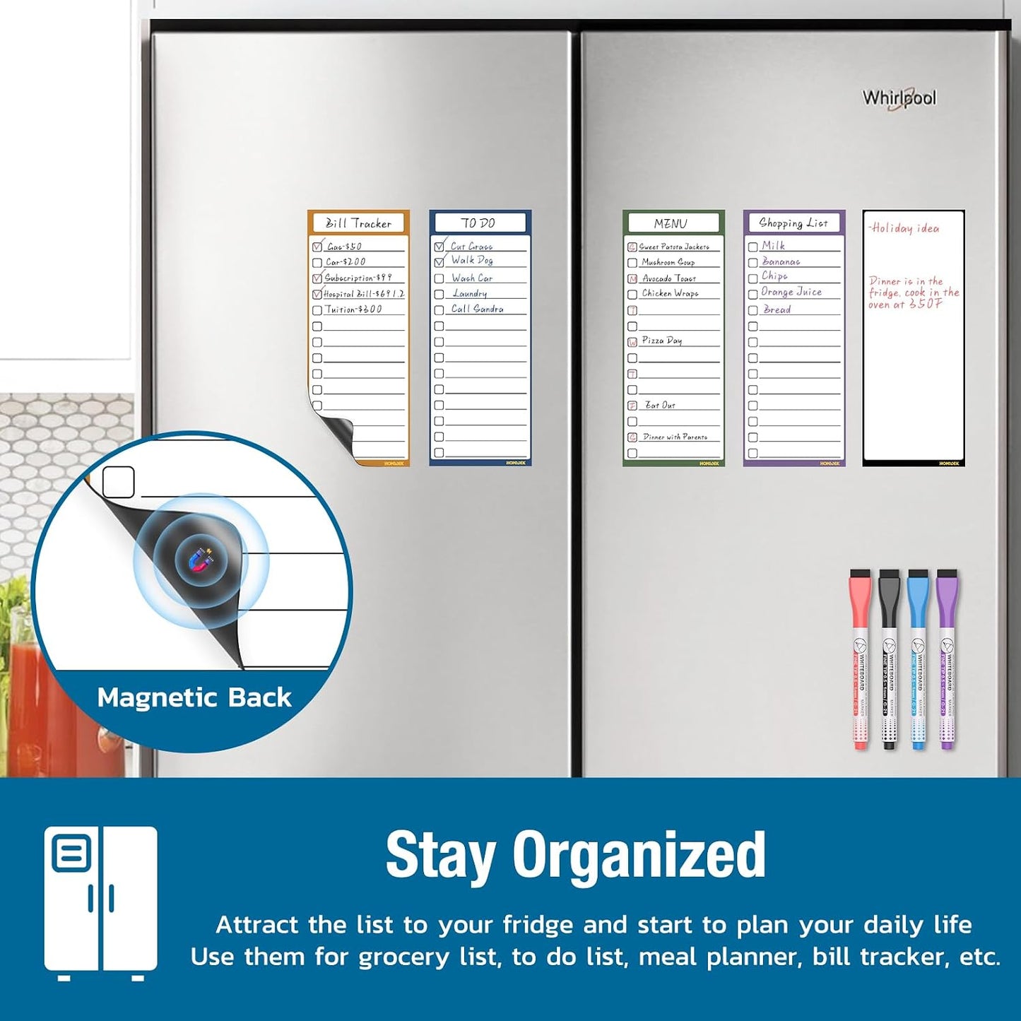 HOMiDEK Dry Erase Whiteboard for Fridge - Magnetic White Board for Refrigerator - 2 Sheets of Weekly Calenders, Monthly Habit Tracker, Memo Pad, to Do List and 4 Markers - 4" x 10"
