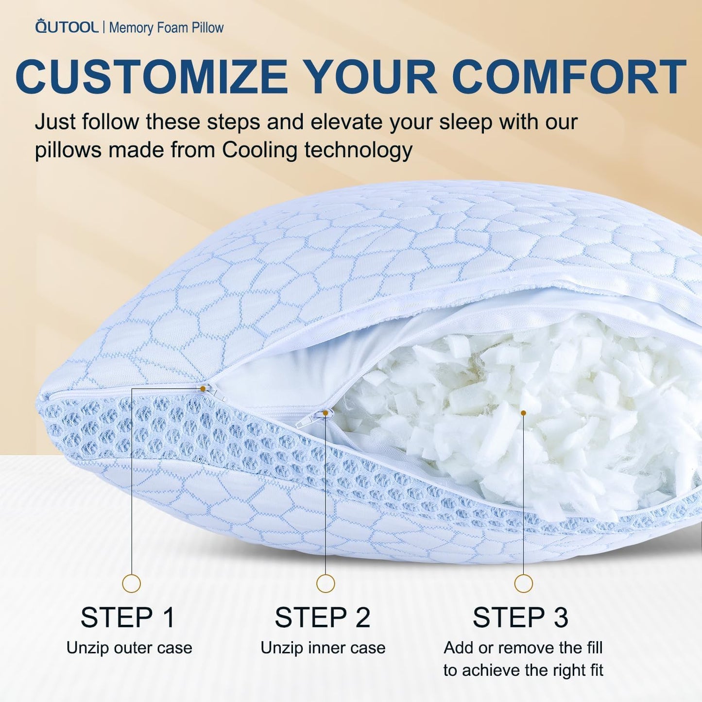 QUTOOL Cooling Pillow for Sleeping, CertiPUR-US Shredded Memory Foam Queen Pillows Set of 2, Cool Pillow for Hot Sleepers Adjustable Firm Pillow for Side, Back, Stomach Sleepers Soft Yet Support,White