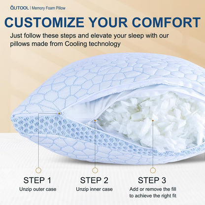 QUTOOL Cooling Pillow for Sleeping, CertiPUR-US Shredded Memory Foam Queen Pillows Set of 2, Cool Pillow for Hot Sleepers Adjustable Firm Pillow for Side, Back, Stomach Sleepers Soft Yet Support,White