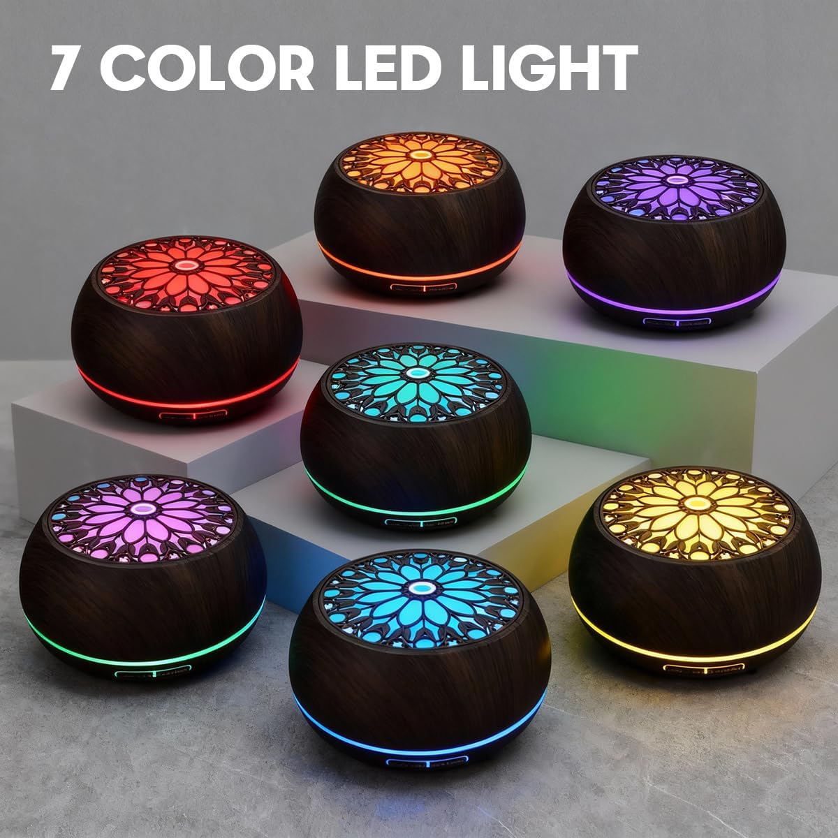 550ml Large Capacity Essential Oil Diffuser 6 Essentil Oil Set Aromatherapy Ultrasonic Air Humidifier with Timer and 7 Color LED Night Light Remote Control Waterless Auto-Off White Wood Grain
