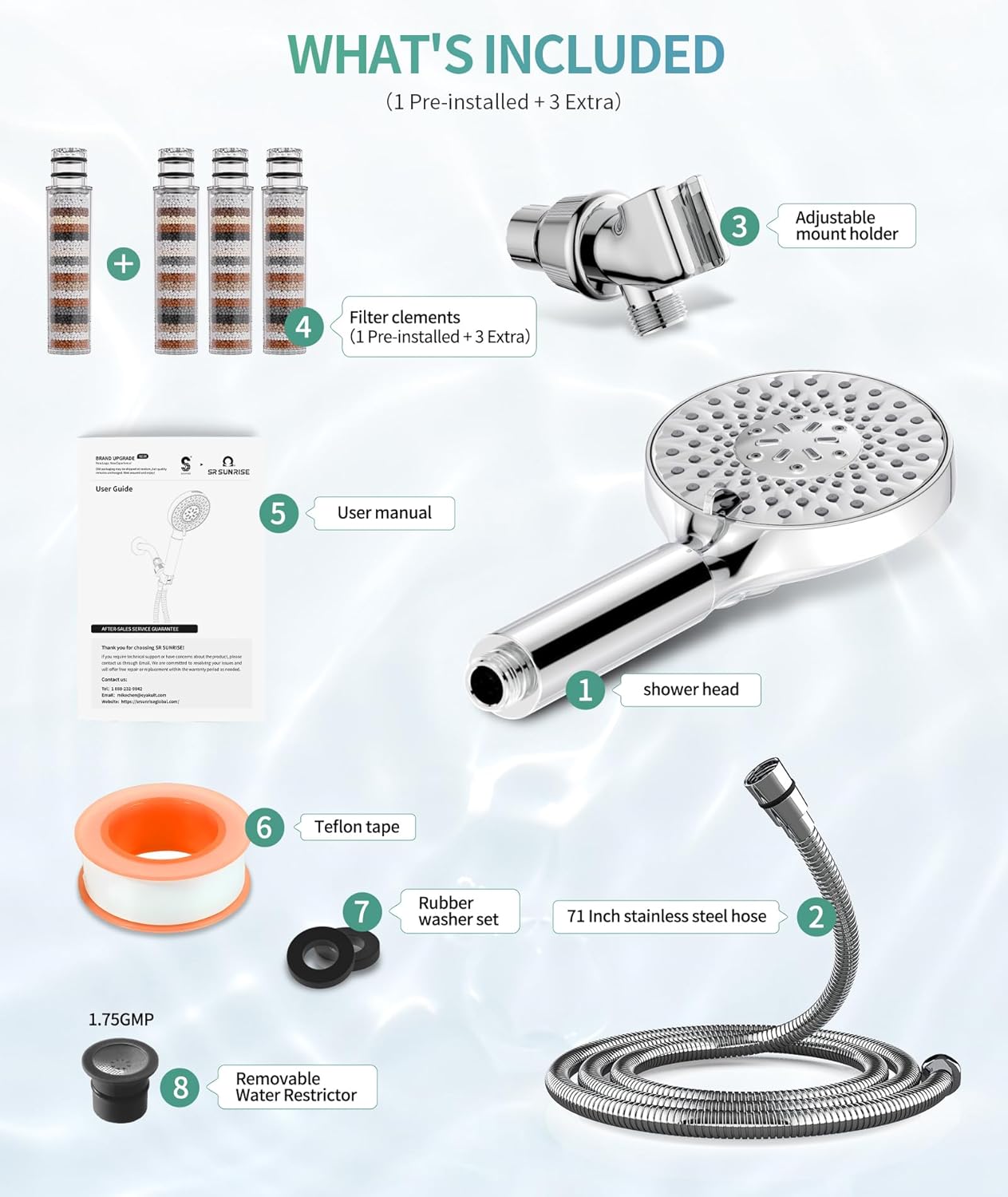 SR SUN RISE Filtered Shower Head with Handheld High Pressure 9 Spray Mode Showerhead Detachable Shower Head Water Softener Filters Beads for Hard Water Remove Chlorine 1 Filter Chrome