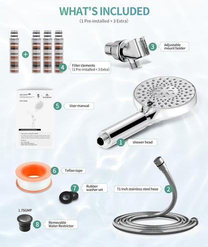 SR SUN RISE Filtered Shower Head with Handheld High Pressure 9 Spray Mode Showerhead Detachable Shower Head Water Softener Filters Beads for Hard Water Remove Chlorine 1 Filter Chrome