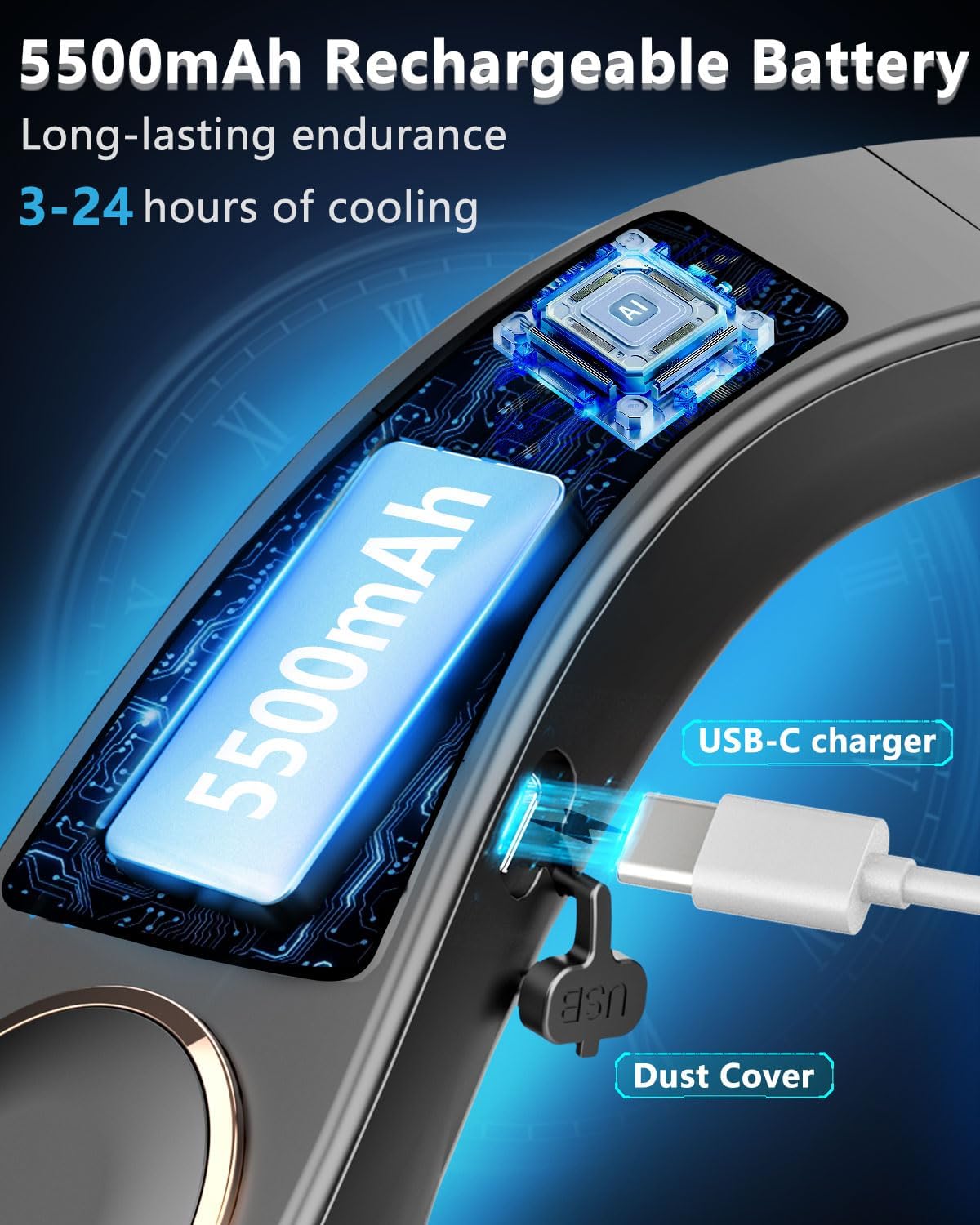 FWV Neck Fan with Cooling Plate, Quiet 30dB, 3-24Hrs Cooling,5500mAh Battery,LED Display Necklace AC Cooler, USB Bladeless Portable Personal Wearable Fans that Blow Cold Air for Men Women Kids Black