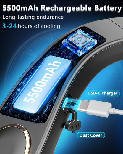 FWV Neck Fan with Cooling Plate, Quiet 30dB, 3-24Hrs Cooling,5500mAh Battery,LED Display Necklace AC Cooler, USB Bladeless Portable Personal Wearable Fans that Blow Cold Air for Men Women Kids Black