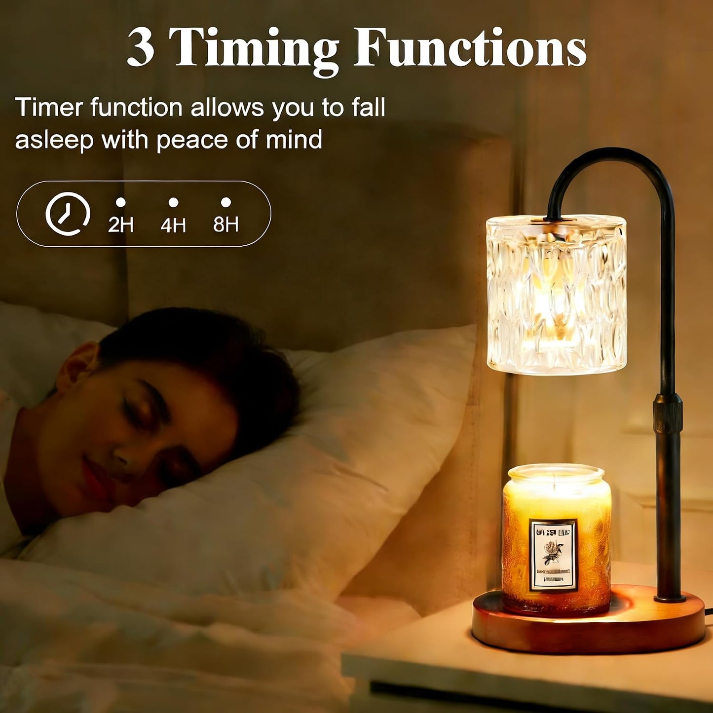 Dreamholder Electric Candle Warmer Lamp with Timer, Dimmable Candle Lamp with Adjustable Height, Wax Melter for Jar Candles Wood Base Floral Home Decor Gifts for Women Mom, Silver Glass