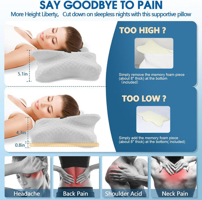 CHxxy Cervical Neck Pillow for Pain Relief Sleeping, Memory Foam Pillows, Ergonomic Side Sleeper Pillows, Cooling Orthopedic Neck Support Pillow for Back Stomach Sleepers-Queen Size Grey&Grey