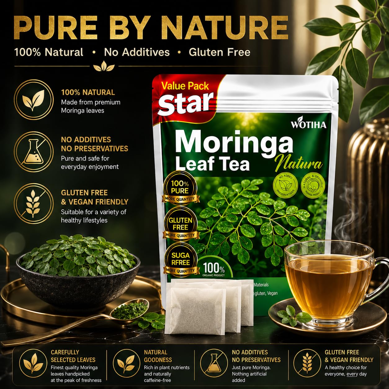 WOTIHA 60 Count Premium Lemon Balm Tea Bags - 100% Pure Natural Leaves, Lemony Citrusy Flavor, Supports Calming & Digestion, Caffeine-Free, Additive-Free, Sugar-Free, Vegan Non-GMO