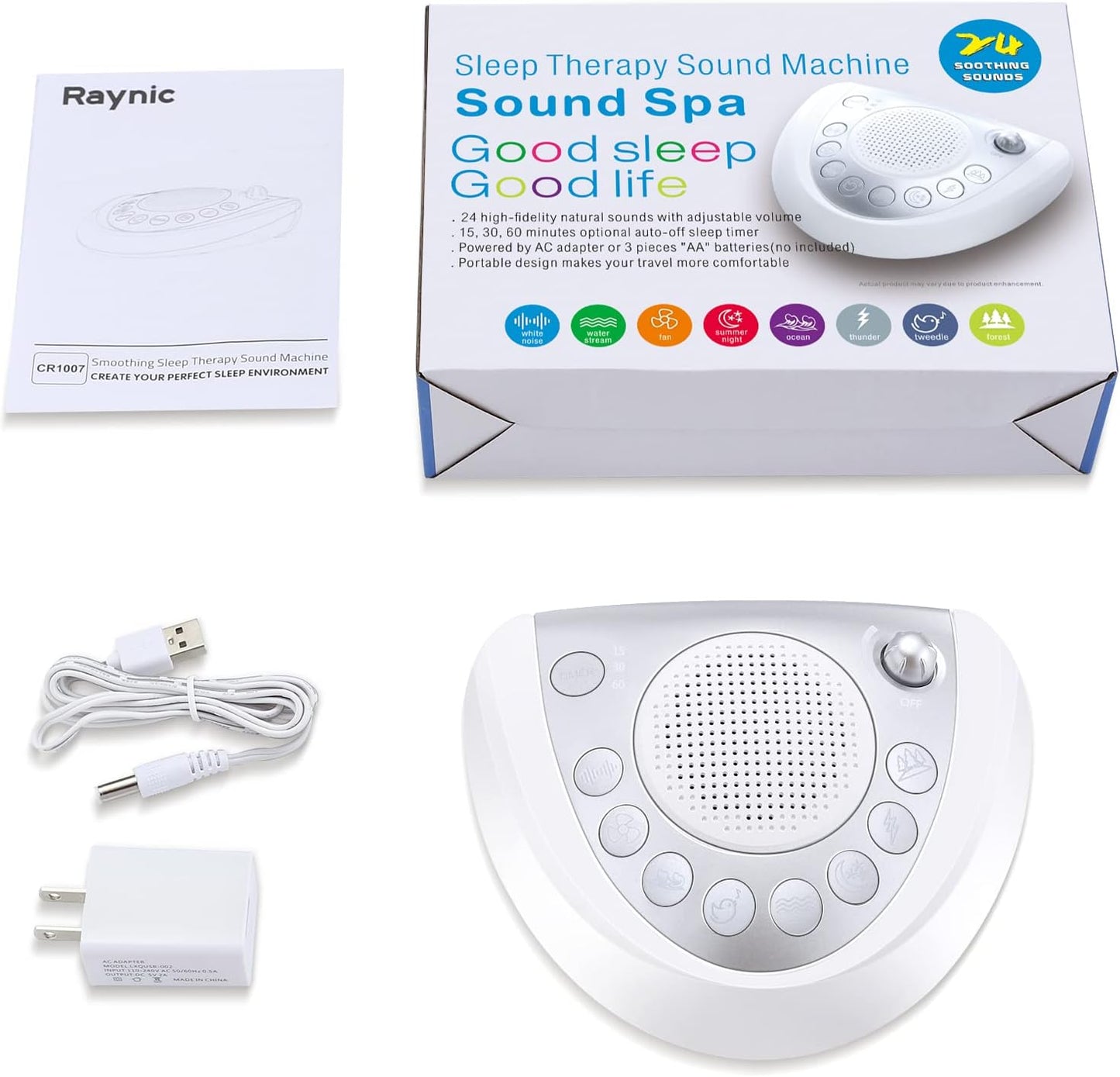 Raynic White Noise Machine, Battery Powered Sound Machine, Portable Sleep Machine with 24 Natural Soothing Sounds, Timer, USB Port, Headphone Jack for Baby, Kids, Adults, Travel, Office, Home (Silver)