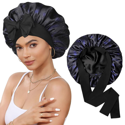 Satin Bonnet for Sleeping Cap Double Layer Hair Bonnet with Elastic Tie Band for Curly Hair Night Cap (Bean Paste + Pink)