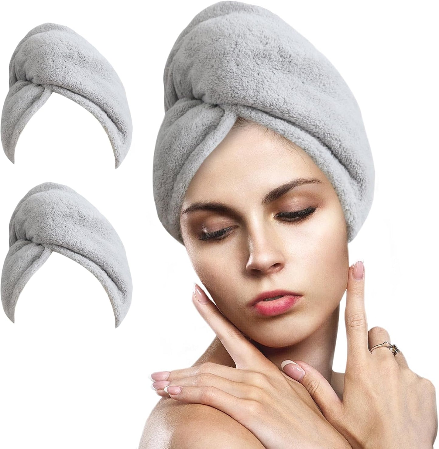 2 Pack Microfiber Hair Towel Wrap for Women Super Absorbent Quick Dry Hair Turban for Drying Curly, Long & Thick Hair 10 inch X 26 inch Lightgrey+SkyBlue