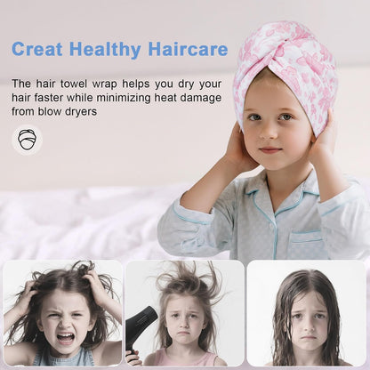 Unicorn Castle Microfiber Hair Towel for Kids 2Pack Hair Wrap Towels Absorbent Hair Drying Towel Wrap Hair Turbans for Curly Thick Hair, Pink White Strawberry